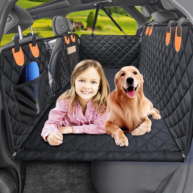 URPOWER Back Seat Extender for Dogs - Hard Bottom Dog Car Seat Cover Holds 400 lbs, Waterproof Dog Hammock Dogs Bed for Cars, SUVs & Small Trucks, Pet Backseat Protector with Mesh Window & Large Space