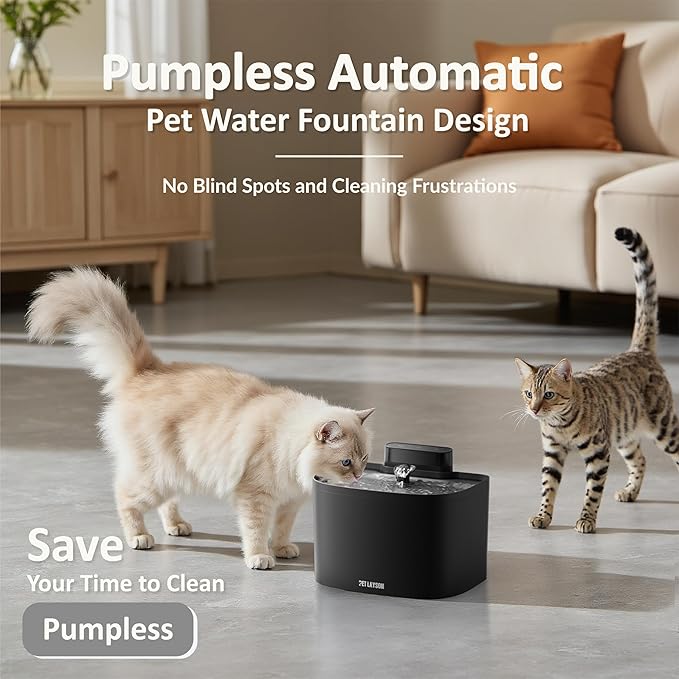 PET LAYSON Pumpless Cat Water Fountain, Smart Cordless Fountains Battery Operated, 3.6L/122oz with Maglev Valve Technology Rechargeable Water Dispenser for Cat &Dog, 2 Filters,2 Nozzles(Black, M1)