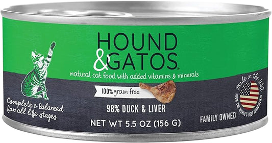 Hound & Gatos Wet Cat Food, 98% Duck & Liver, Grain Free Pate Cat Food, Real Meat, High Protein, Limited Ingredients, No Additives, 5.5 oz. Cans (Pack of 24)