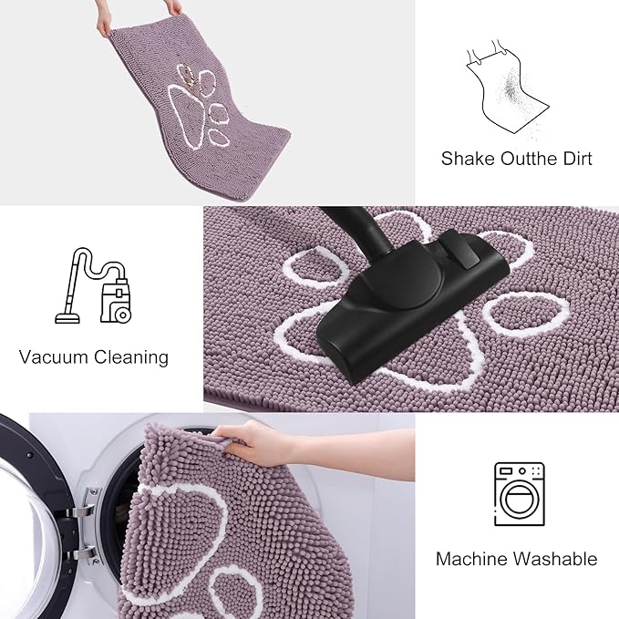 Smiry Dog Door Mat for Muddy Paws, Absorbent Dirt Trapper Non Slip Quick Dry Washable Chenille Mat for Mud Dogs, Entry Rug for Indoor and Outdoor (48x30 Inches, Deep Plum)