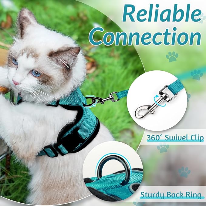rabbitgoo Cat Harness and Leash for Walking, Escape Proof Soft Adjustable Vest Harnesses for Cats, Easy Control Breathable Reflective Strips Jacket, Teal, M