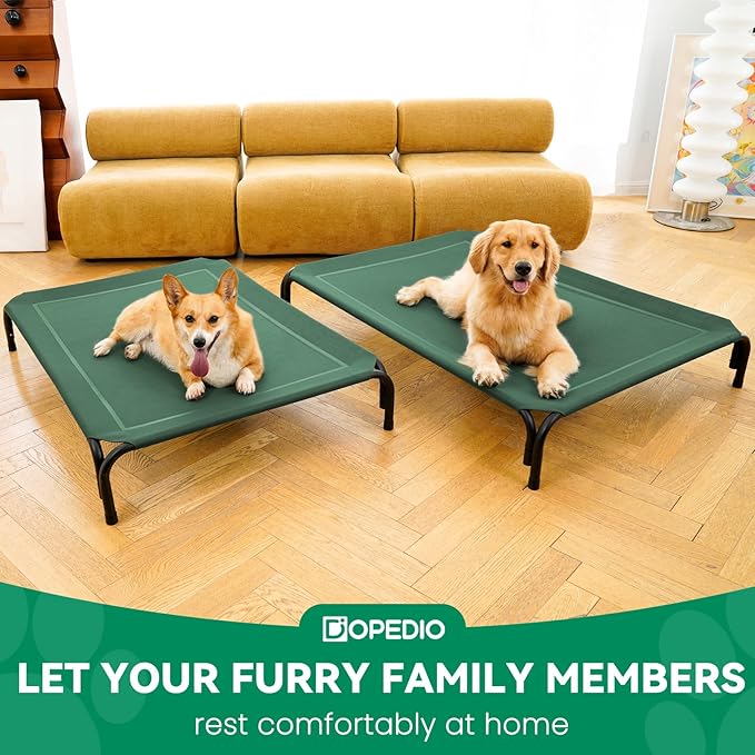 Elevated Dog Bed Raised Outdoor Dog Cot for Medium Dogs, Installation Requires No Tools, Frame with Washable Cooling Breathable Mesh Anti-Slip Feet, Indoor Pet Bed, Green, 35.4 Inches