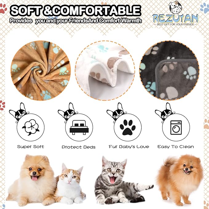 Rezutan Dog Blanket for Large Dogs, Upgraded 3 Pack Dog Cat Flannel Blankets Washable, Soft Pet Mat Throw Cover Suitable for Kennel Crate Bed, Cute Paw Pattern, Grey/Brown/White, 31" x 41"