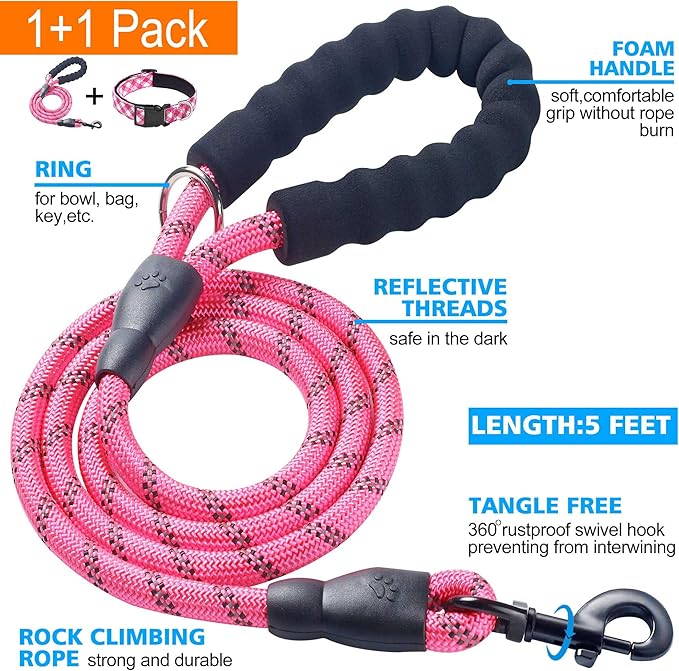 Reflective Dog Collar Padded with Soft Neoprene Breathable Adjustable Nylon Dog Collars for Small Medium Large Dogs (Medium (Pack of 1), Pink Plaid Collar+Leash)