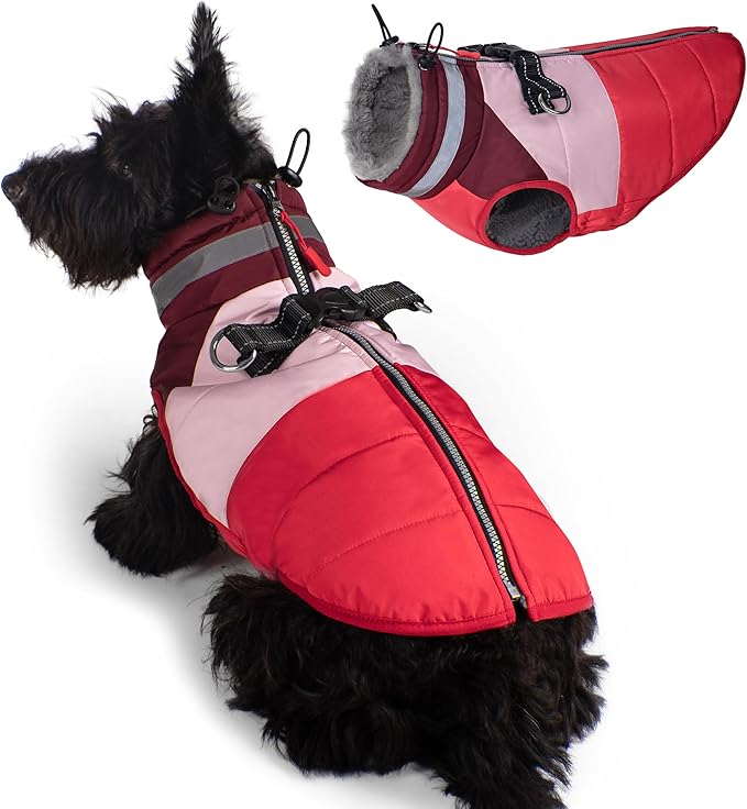 azuza Dog Jacket for Medium Dogs Waterproof Dog Coat with Reflective Strips and Harness Built in Warm Fleece Dogs Winter Coat Windproof with Back Zipper, Red XL