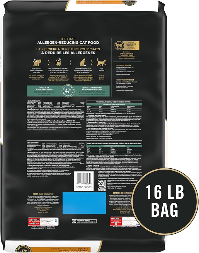 Purina Pro Plan Allergen Reducing, High Protein Cat Food, LIVECLEAR Chicken and Rice Formula - 16 lb. Bag