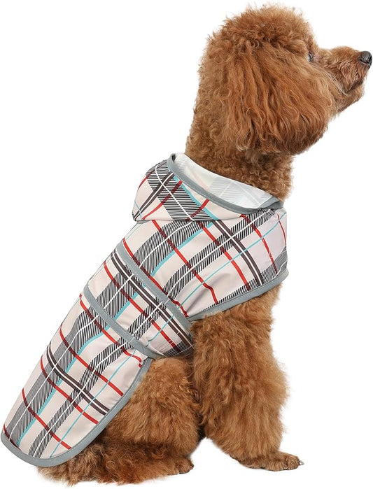 Dog Raincoat for Small Dogs Puppies Waterproof Hooded Rain Jacket with Reflective Strips Leash Hole & Poncho Adjustable Fit (Plaid,S)