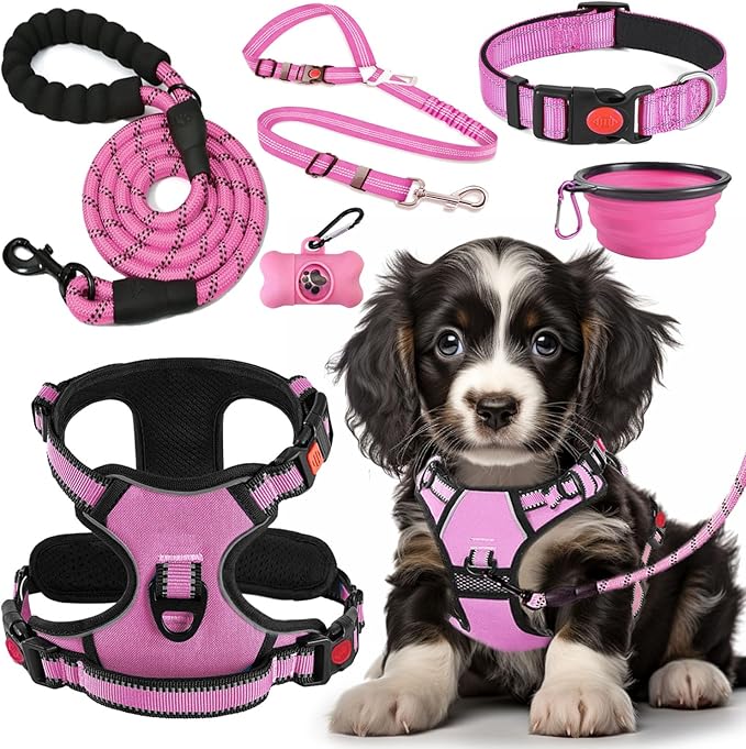 No Pull Dog Harness, Collar & Leash Set | Includes Dog Seat Belt, Collapsible Bowls & Poop Bag Dispenser. Ideal for Training, Walking, Hiking. Fits Small to Large Dogs(Pink-M)