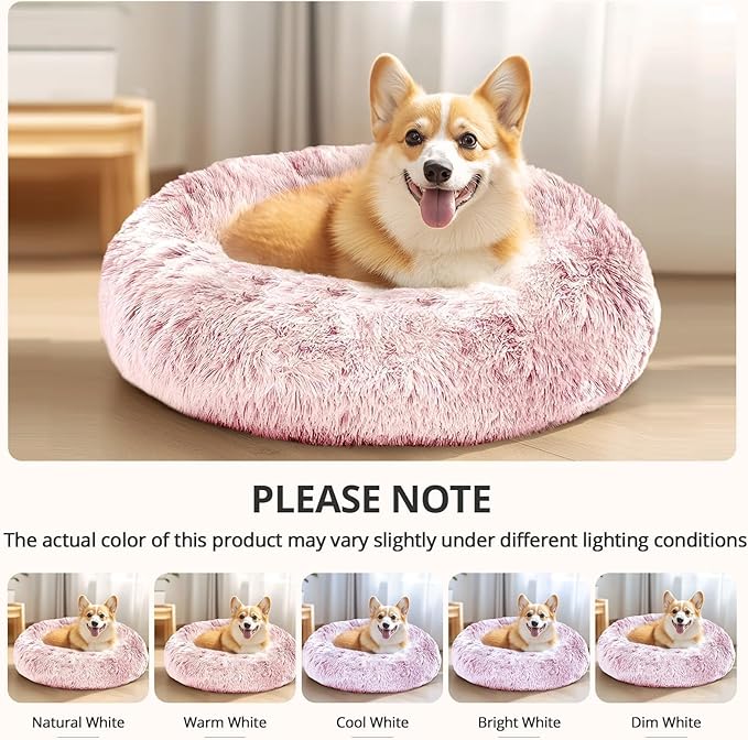 JOLLYVOGUE Calming Dog & Cat Bed for Small Dogs, Anti-Anxiety Donut Cuddler Cozy Soft Round Bed with Anti-Slip Bottom, Fluffy Faux Fur Plush Cushion Beds for Small Medium Dogs, 20"/Smoke Pink