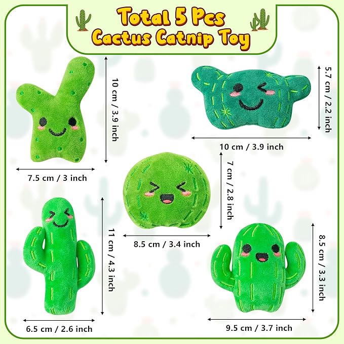 MALLMALL6 Catnip Toys for Cat - 5Pcs Cactus Prickly Plants Catmint Interactive Kitten Toy for Indoor Cats, Cute Soft Green Pet Supplies for Kitty Lover Gifts, Kitten Teething Chew Presents Set