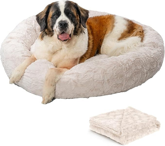 Best Friends by Sheri Bundle Set The Original Calming Lux Donut Cuddler Cat and Dog Bed + Pet Throw Blanket, Oyster, Extra Large, 45x45