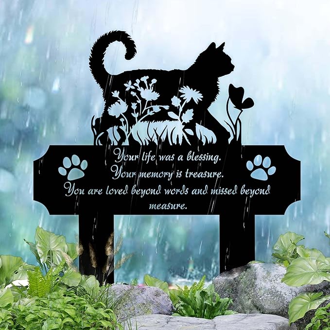 Cat Grave Marker Outdoor Memorial – 12in Metal Pet Memorial Plaque with Garden Cat Silhouette, Weatherproof Headstone for Yard or Indoor Tribute, Sympathy Gift for Loss of Cat