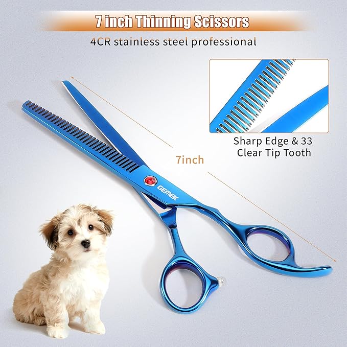 7.0in Titanium Blue Professional Pet Grooming Scissors Set, GEMEK 6 in 1 Straight & Thinning & Upwards Curved & Downwards Curved Scissors & Comb for Dogs, Cats (Blue)