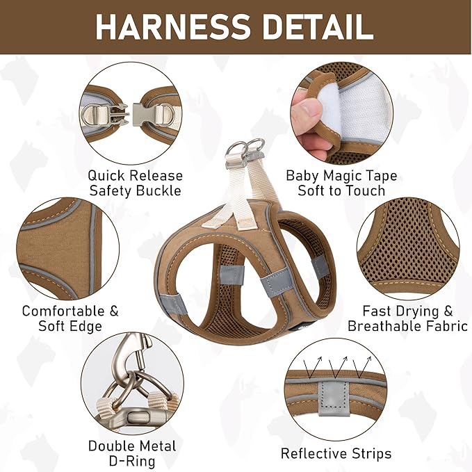 GAMUDA Small Pet Harness Collar and Leash Set, Step in No Chock No Pull Linen Fabric Soft Mesh Dog Vest Harnesses Reflective for Dogs Puppy Cats Kitten Rabbit (Brown, L)