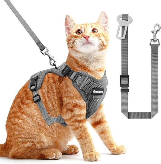 Cat Harness and Leash Set for Walking Escape Proof, Adjustable Soft Kittens Vest with Reflective Strip for Cats, Comfortable Outdoor Vest, Cat Car Leash, Grey, S