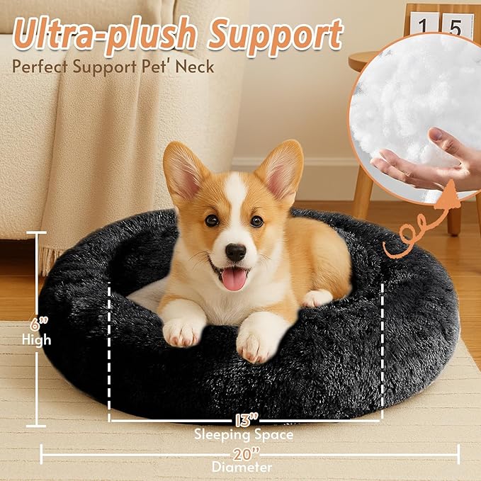JOLLYVOGUE Calming Dog & Cat Bed for Small Dogs, Anti-Anxiety Donut Cuddler Cozy Soft Round Bed with Anti-Slip Bottom, Fluffy Faux Fur Plush Cushion Beds for Small Medium Pets (20")