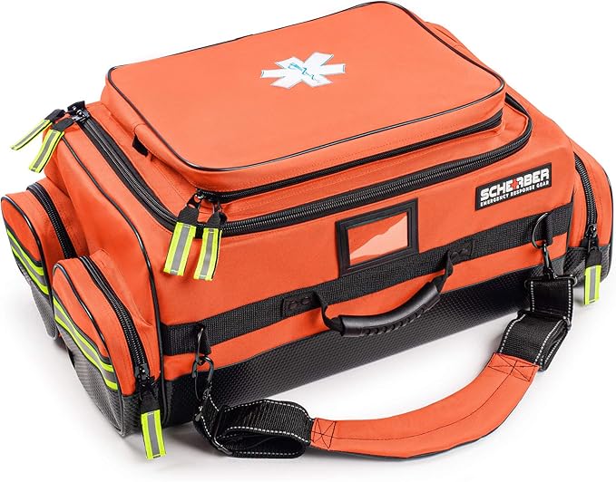 Scherber Fully-Stocked Premium First Responder Bag | HSA/FSA Approved | Large Pro EMT/EMS Trauma, Bleeding & Oxygen Medical Kit | CAT Tourniquet, HyFin Chest Seal & 260+ First Aid Supplies (Orange)