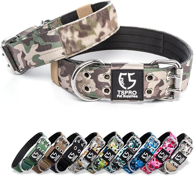 TSPRO Tactical Dog Collar, Adjustable, with Patch & Double Needle Metal Buckle, Heavy Duty for Medium to Large Dogs, Durable for Walking, Running, Hiking & Training (Military Green M+)