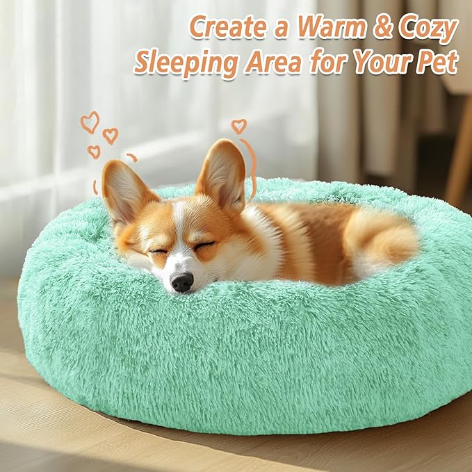 JOLLYVOGUE Calming Dog & Cat Bed for Small Dogs, Anti-Anxiety Donut Cuddler Cozy Soft Round Bed with Anti-Slip Bottom, Fluffy Faux Fur Plush Cushion Beds for Small Medium Pets (20")