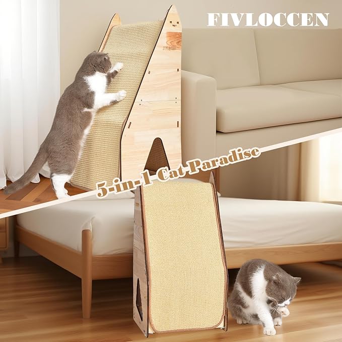 large Cat Scratching Post with Bed: Modern Sisal Cat Scratcher & Wood Frame, Integrated Cat Scratch Pad Post Condo Tunnel. All-in-One Space Saver for Multi-Cat & Budget-Friendly Homes (32in)