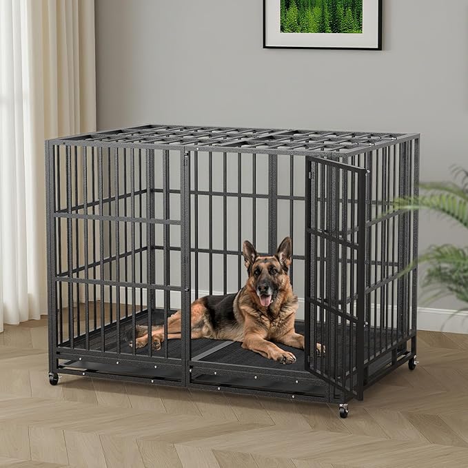 60 Inch Heavy Duty Indestructible Dog Crate Steel Escape Proof, Indoor Double Door High Anxiety Cage, Kennel with Wheels,Removable Tray,Extra Large XL XXL XXXL
