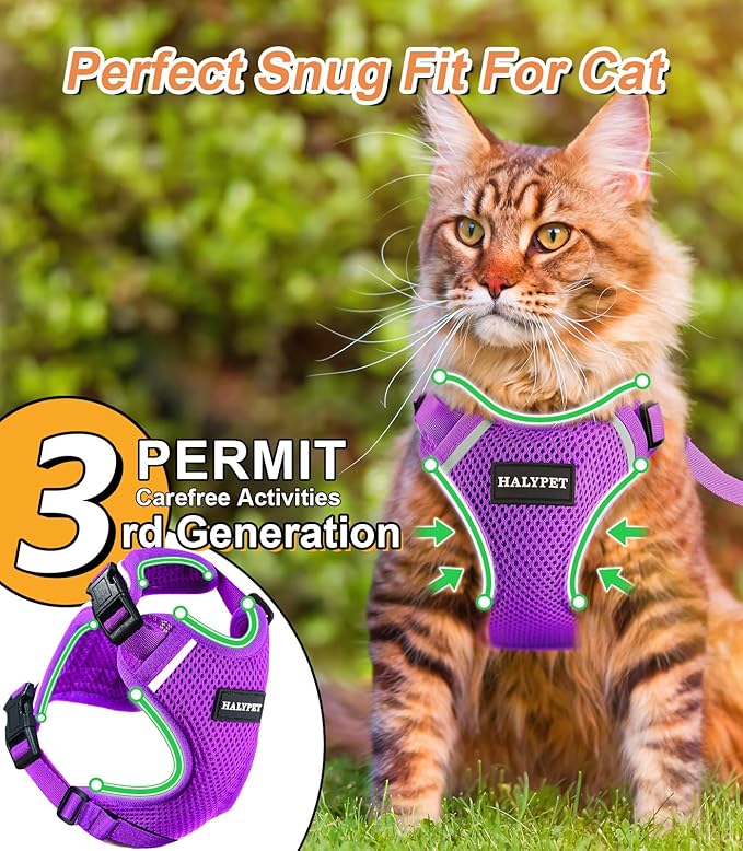 Halypet Cat Harness and Leash Set [ MAX Safety Third Generation ] Escape Proof Soft Adjustable Cat Leash Breathable Comfortable Vest Easy to Wear Kitten Harness for Outdoor Walking