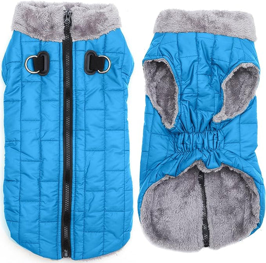 Warm Fleece Dog Coats with Durable Harness Buitl in D-Ring,Waterproof Doggie Jacket for Medium Dogs,Dog Vest for Cold Winter,Light Blue XL
