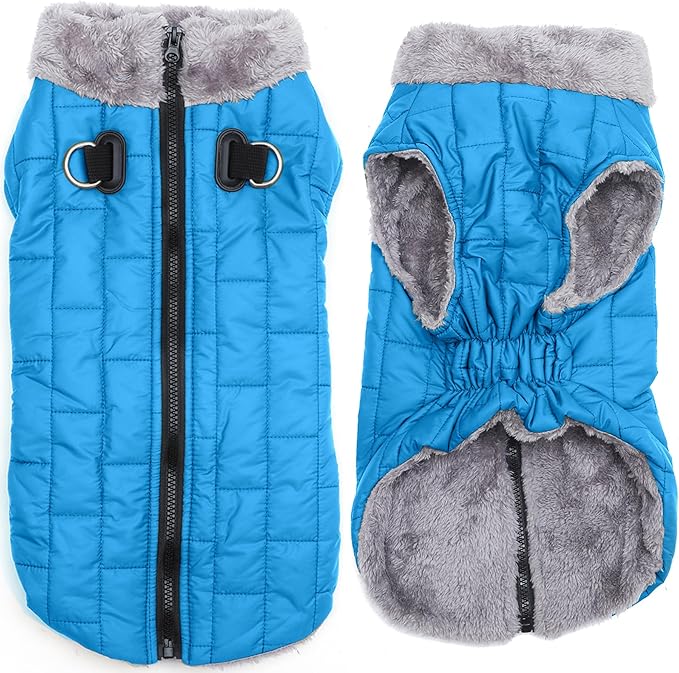 Warm Fleece Dog Coats with Durable Harness Buitl in D-Ring,Waterproof Doggie Jacket for Large Dogs,Dog Vest for Cold Winter,Light Blue XXL