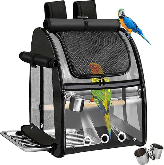 Sanmoncare Bird Carrier Backpack with Stainless Steel Mesh, Parrot Travel Cage with Stand, Easy to Clean, Portable Conures Travel Bag, Pet Breathable Travel Cage