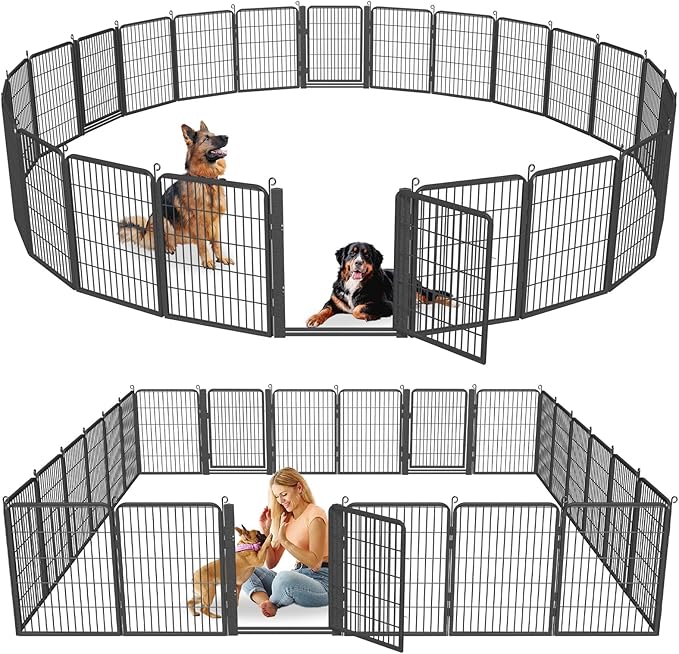Dog Playpen with Low Threshold Gate, 32 inch 20 Panels Dog Fence, Heavy Duty Metal Puppy Exercise Dog Pen, Rust-Resistant Outdoor Pet Fence for Yard RV Camping