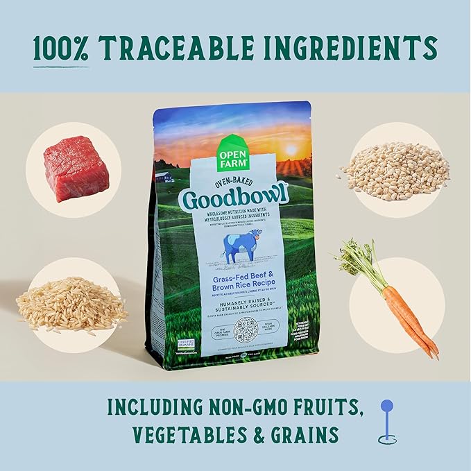 Open Farm Goodbowl, Oven-Baked Small Batch Dry Dog Food - Grass-Fed Beef & Brown Rice Recipe, Includes Non-GMO Produce & Grains, 22lb Bag (352oz Bag)