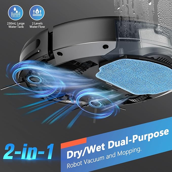 Robot Vacuum and Mop Combo, 2 in 1 Robotic Vacuum Cleaner with Schedule, App/Alexa/Voice Control, Slim 2.87", Self-Charging, 2300 Pa Suction & Long Runtime, Ideal for Hard Floor, Pet Hair, Carpet