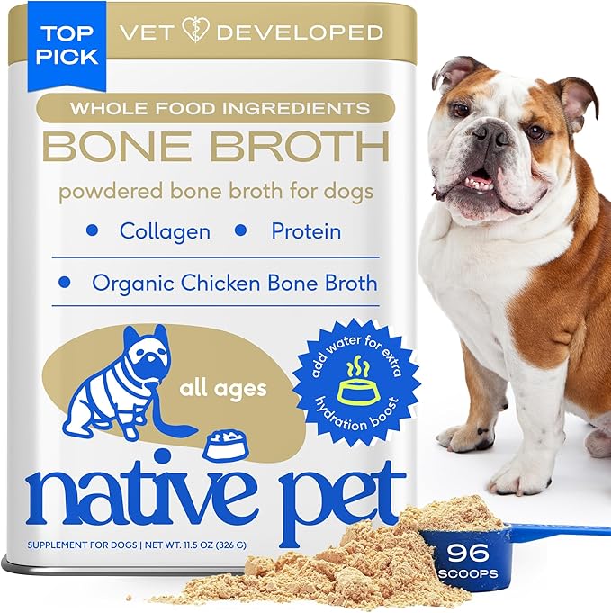 Native Pet Bone Broth for Dogs and Cats - Chicken Bone Broth Powder Dog Food Toppers for Picky Eaters - Provides Extra Nutrition for Joint Strength, Immune Support & Heart Health - 96 Scoops