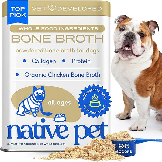 Native Pet Bone Broth for Dogs and Cats - Chicken Bone Broth Powder Dog Food Toppers for Picky Eaters - Provides Extra Nutrition for Joint Strength, Immune Support & Heart Health - 96 Scoops