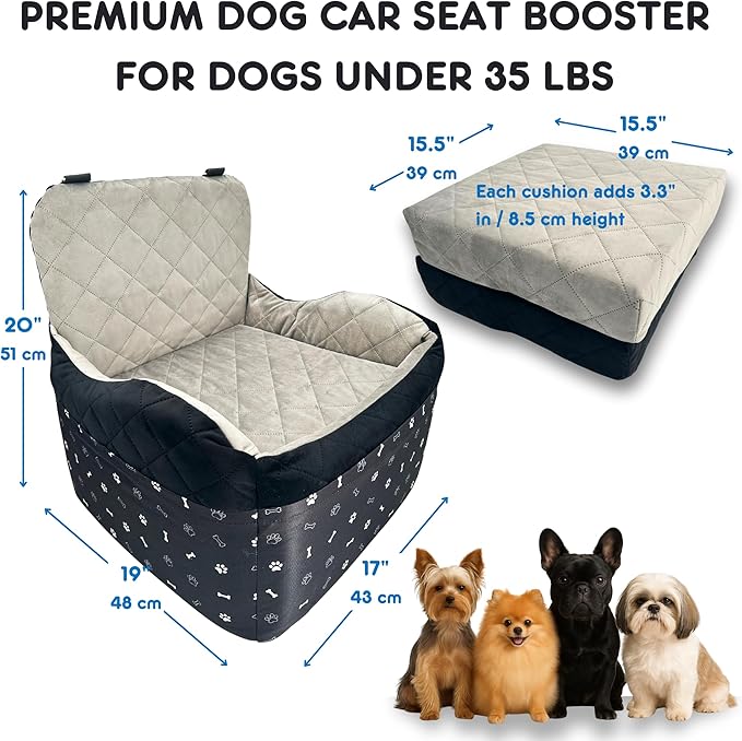 Dog Car Seat for Small Dogs & Medium Under 30 lbs, Bonus Safety S Harness, Dog Booster Car Seat with Thick Cushions, 3Storage Pockets with Zipper, 2 Safety Belts