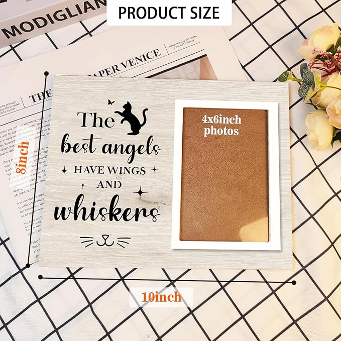 Cat Picture Frame, Cat Memorial Wooden Photo Frame, Pet Remembrance Gift, Sympathy Gift for Pet Owner, Cat Memorial Gifts for Loss of Cat, The Best Angels Have Wings and Whiskers (Beige, 4 x 6 Photo)