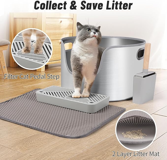 Stainless Steel Litter Box, 17.4” x 11" Large Round High Sided Metal Cat Litter Box Tray with Scoop, Filter Pedal & Litter Mat, Non-Sticky, Non-Odor, Easy Cleaning
