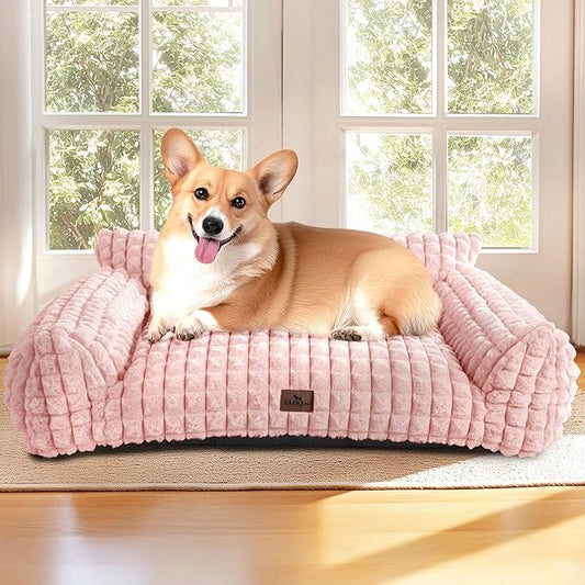 Cute Small & Medium Dog Couch Bed – Supportive & Fluffy Pet Sofa with Faux Rabbit Fur Washable Cover in 3D Diamond Pattern, 36" Pink