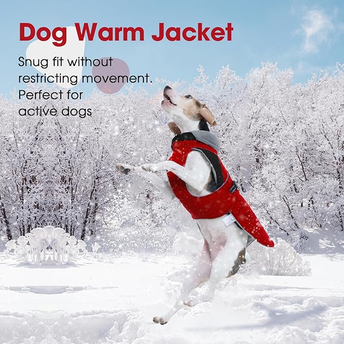Nanaki Warm Dog Coats for Winter, Fleece Lined Furry Collar, Waterproof Reflective Dog Snowsuit with Leash Hole for Outdoor Walking Hunting, Easy On Cold Weather Puppy Jacket Vest, Beagle, Red L
