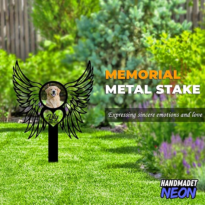 Personalized Dog Memorial Angel Wings Garden Stake with Photo, Custom Picture UV Printed Metal Grave Marker, Image in Loving Memory Outdoor Pet Loss Sympathy Gifts for Dogs Lover