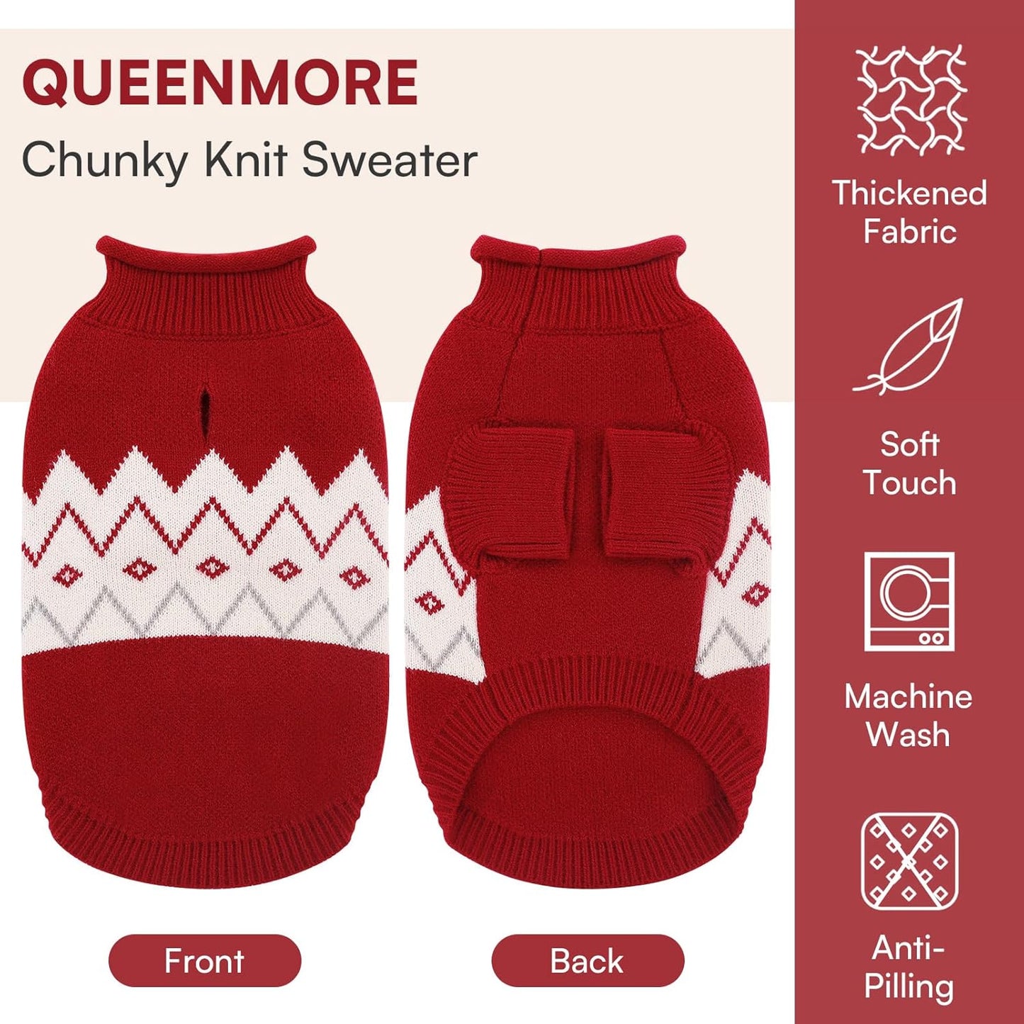 Queenmore Warm Dog Sweater, Soft Pet Knitwear, Knitted Pullover, Winter Pet Clothes for Small Medium Dogs Cats
