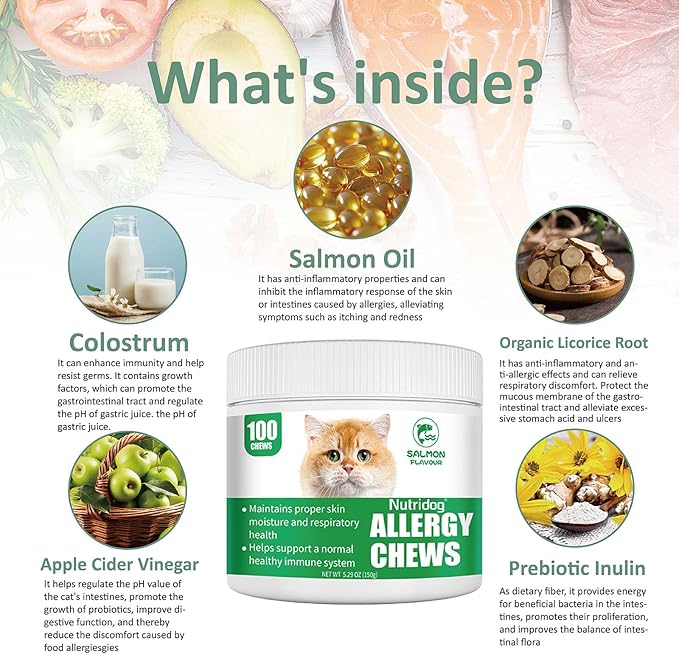 Cat Allergy Relief Chews, Skin & Immune Support for Cats - Salmon Flavor Soft Chews with Colostrum, Probiotics 300M CFU, Omega 3 - Itchy Skin & Paw Licking Remedy, 100 Count