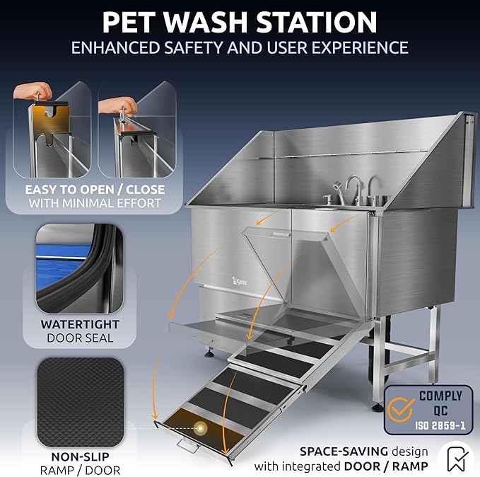 KANIS Professional Dog Washing Station - 304 Stainless Steel Pet Wash Sink & Grooming Bath Tub for Home with Ramp, Shower, Floor Grate, Storage Drawer, Faucet, Drain Kit for Large, Medium & Small Pets