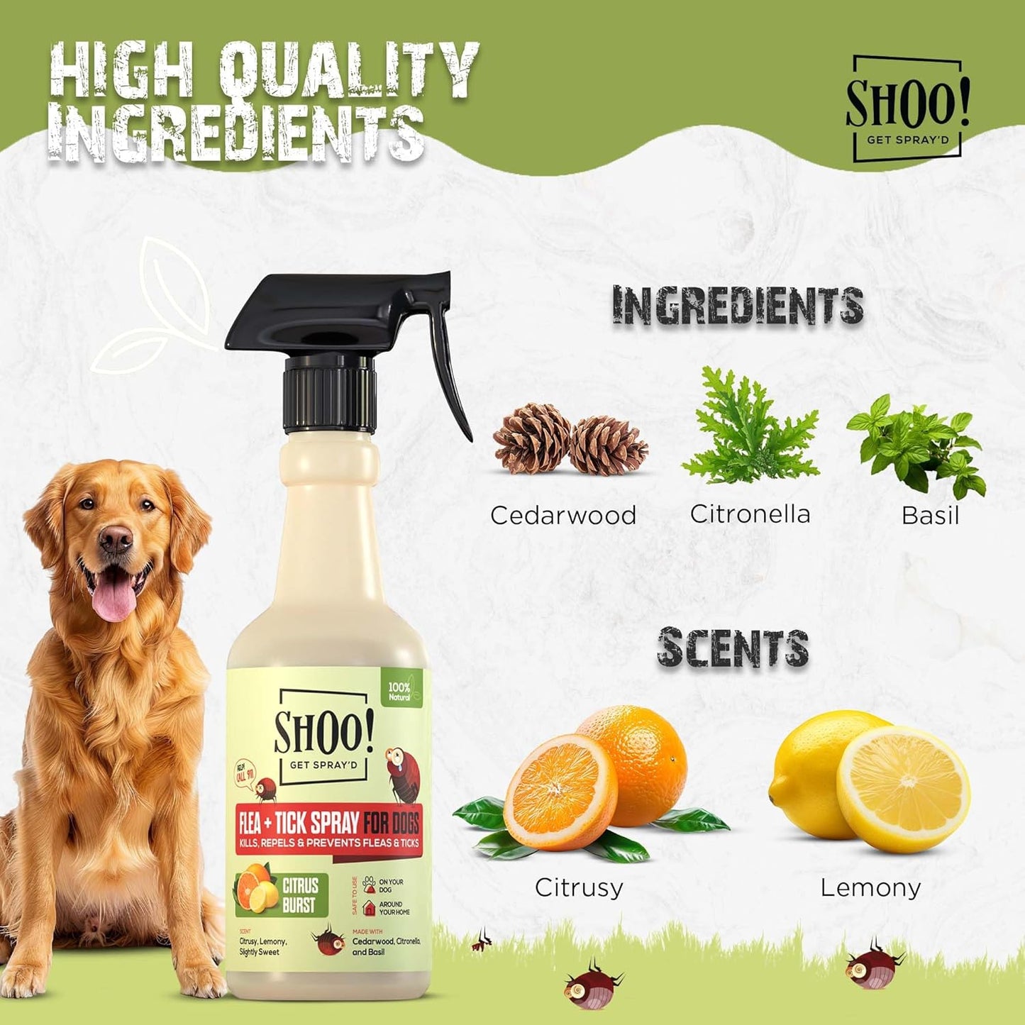 Shoo! Flea & Tick Spray for Dogs and Home | Plant Based, Natural Oils, Chemical Free Formula | Kills, Repels, Prevents | 16 oz (Citrus Burst)
