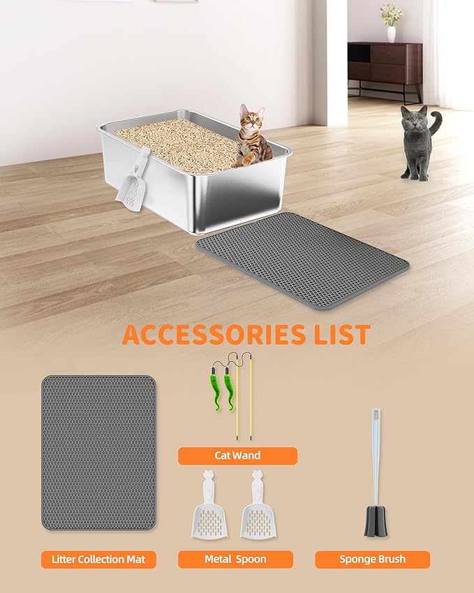 Stainless Steel Litter Box Set- [4-in-1] Cat Litter Box with Litter Scoop, Brush, Cat Wands, Non-Sticky Metal Litter Box for Cat, Kitty, Rabbit, Odorless, Easy Clean (17.7“ x 13.8" x 6",2 Pack)