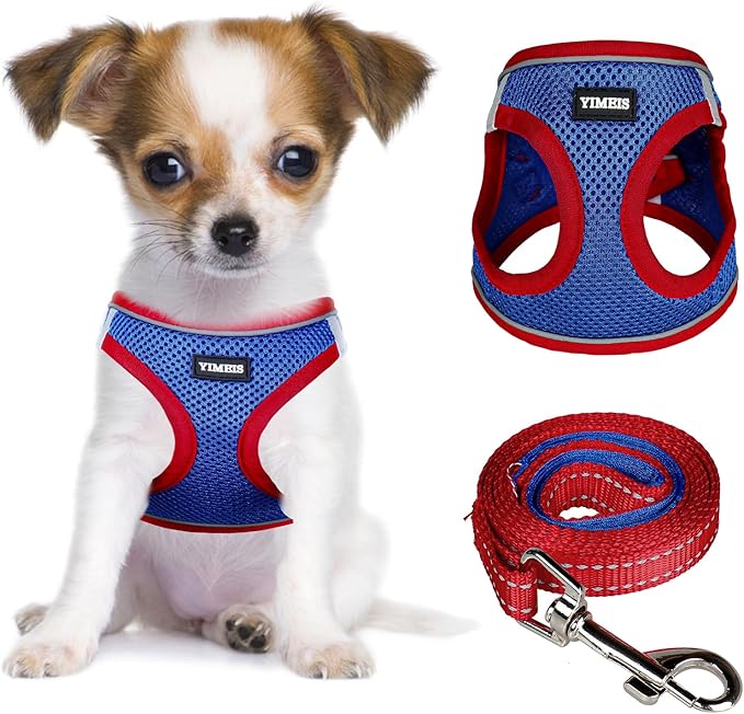 YIMEIS Dog Harness and Leash Set, No Pull Soft Mesh Pet Harness, Reflective Adjustable Puppy Vest for Small Medium Large Dogs, Cats (Red & Blue, X-Small (Pack of 1)