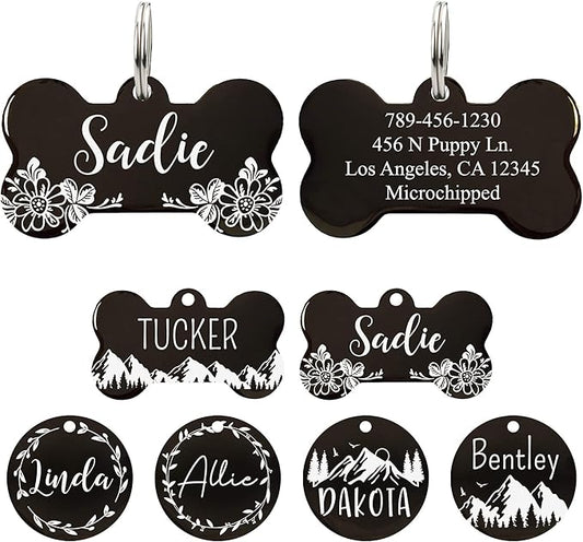 Ultra Joys Stainless Steel Pet ID Tags - Personalized Front and Back Engraving, Custom Dog and Cat Tags with Floral Design, Large