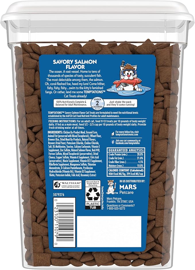 Temptations Classic Crunchy and Soft Cat Treats, Savory Salmon Flavor, 16 oz. Tub