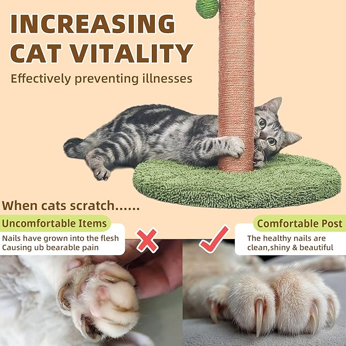 Meowoou Cat Scratching Post 33 Inch Tall Cat Scratcher for Indoor Cats Adults,Small Cat Tree Tower Sisal Rope Kitten Scratch with Interactive Hanging Ball