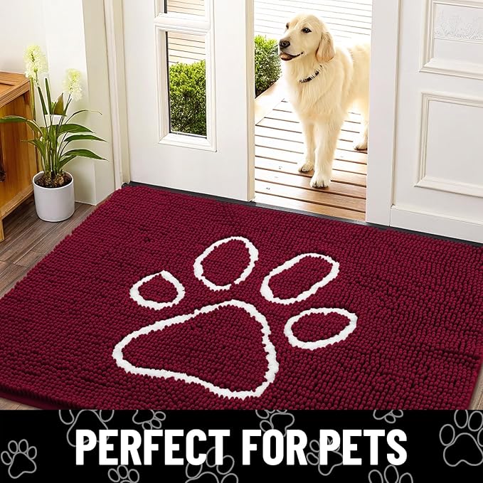 Smiry Dog Door Mat for Muddy Paws, Absorbent Dirt Trapper Non Slip Quick Dry Washable Chenille Mat for Mud Dogs, Entry Rug for Indoor and Outdoor (40x32 Inches, Burgundy)